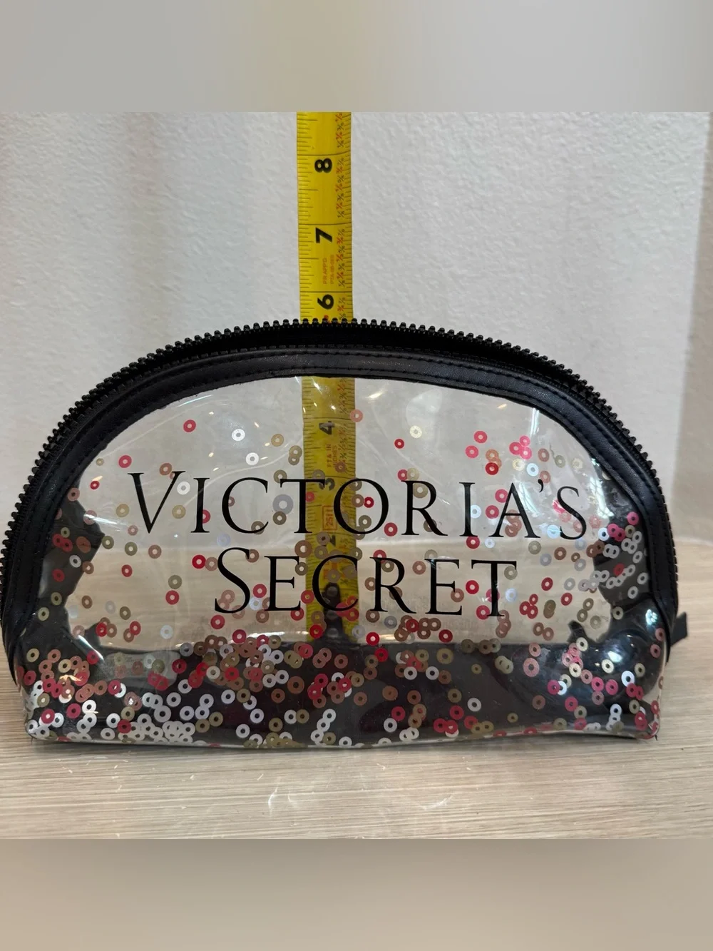 Victoria's Secret Clear Cosmetic Pouch with Red, Gold, White & Black Sequins